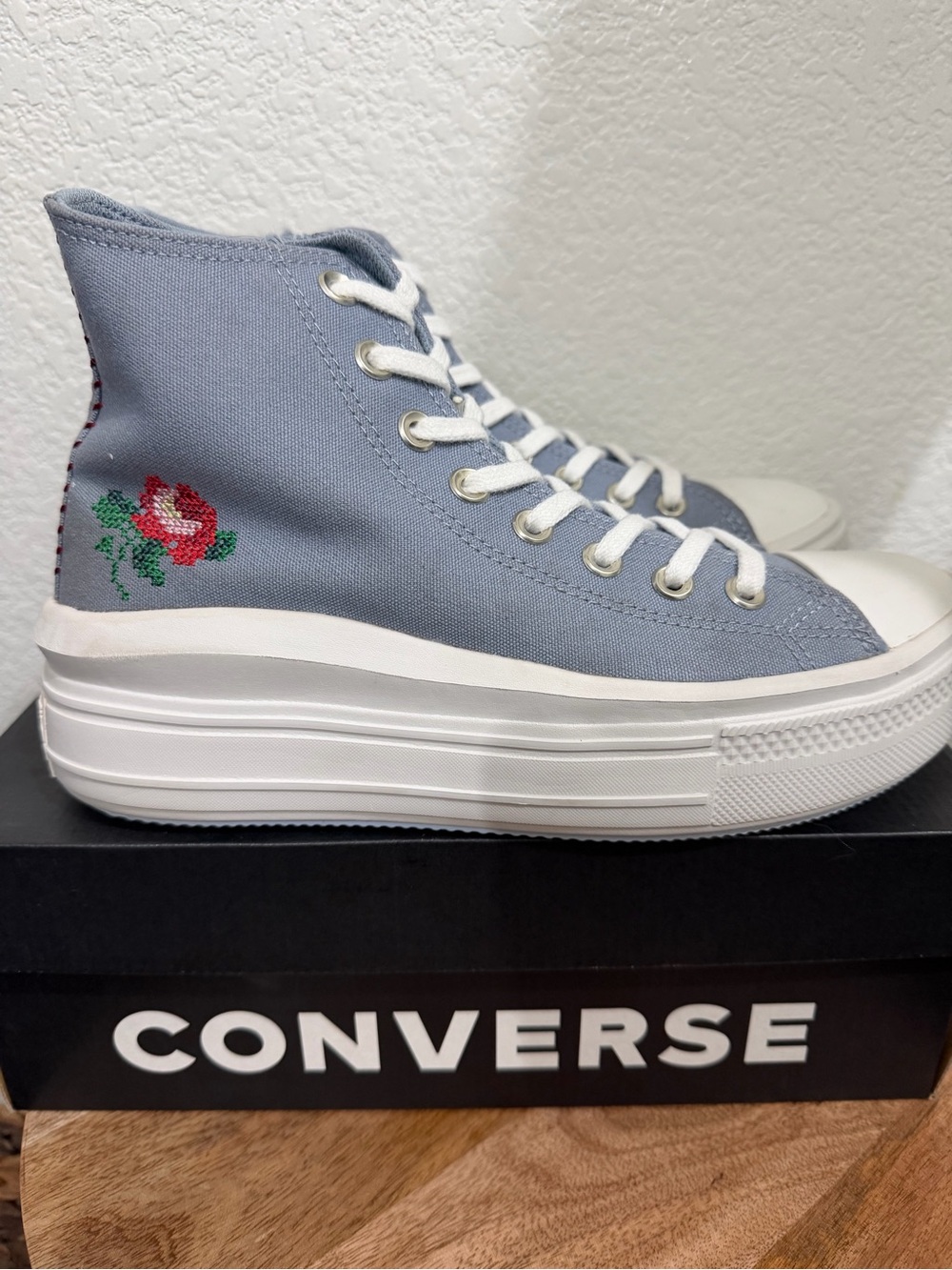 Converse High-Top Platform Sneakers in Light Blue with Red Rose